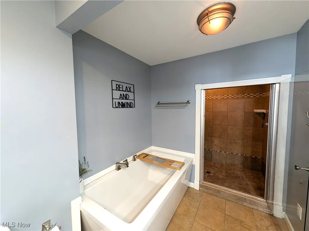 Huge bathroom including walk-in tiled shower, soaker tub and vanity with two sinks