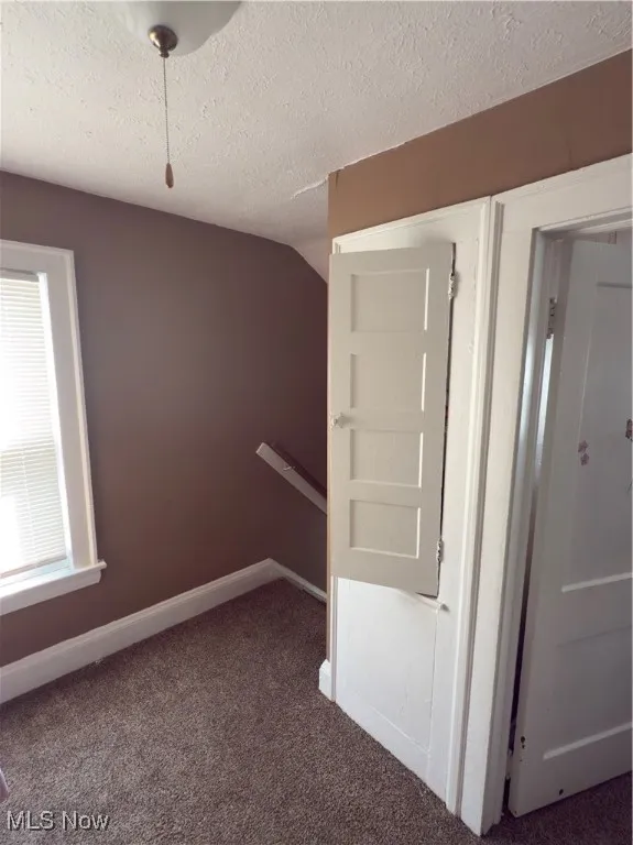 Spare room featuring carpet, a textured ceiling, and lofted ceiling