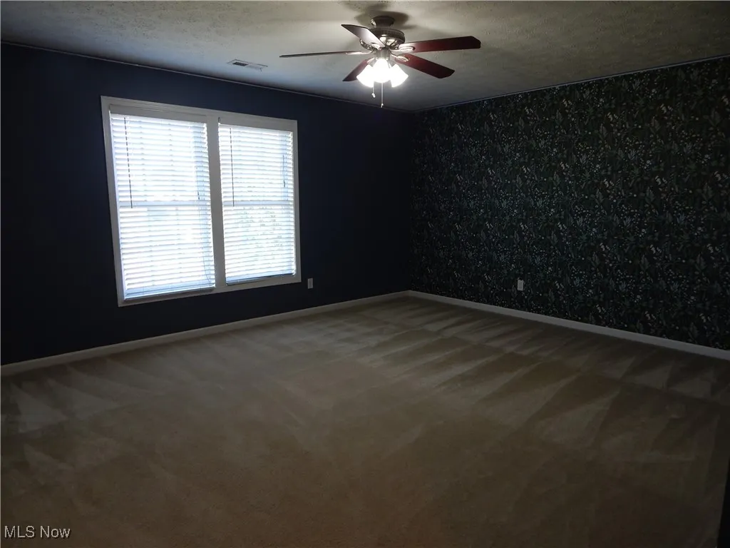 Spare room featuring carpet floors, a textured ceiling, and ceiling fan
