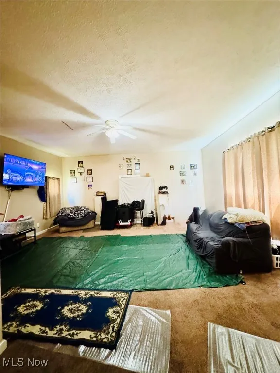 Carpeted living room featuring a ceiling fan and a textured ceiling