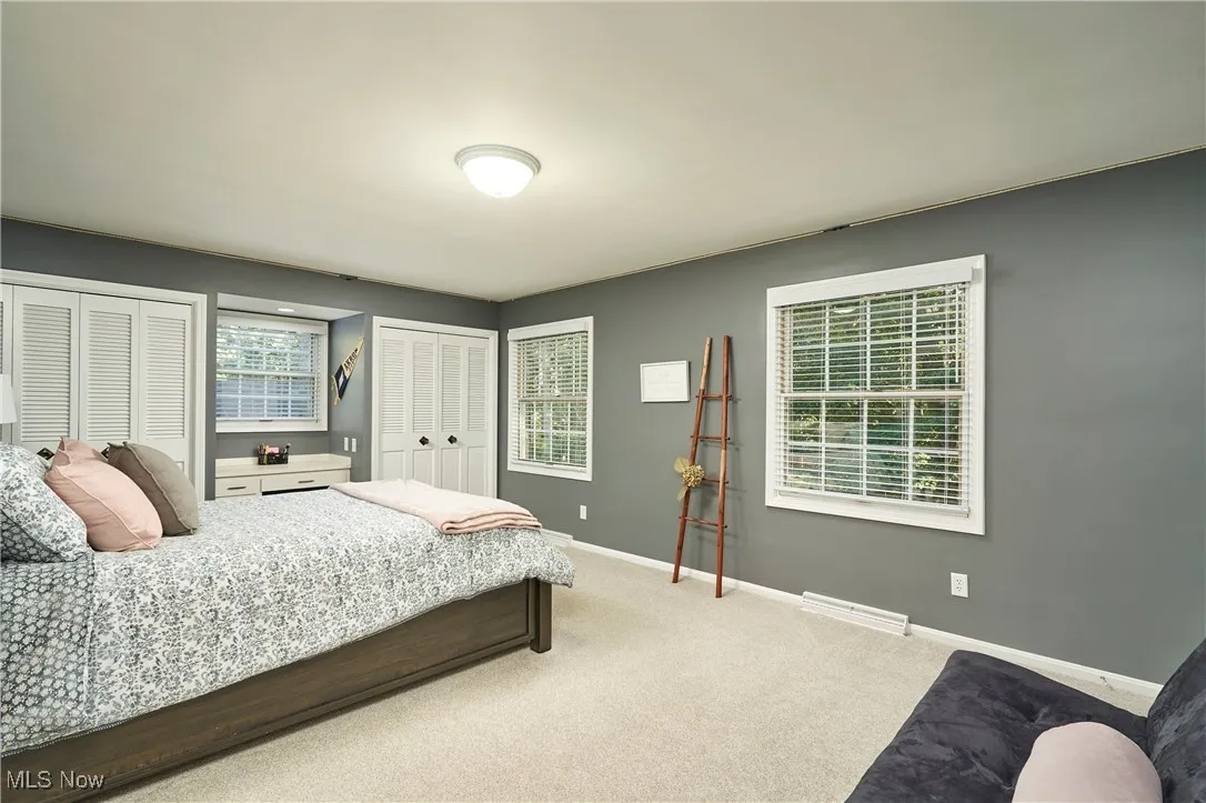 Carpeted bedroom with multiple closets and baseboards