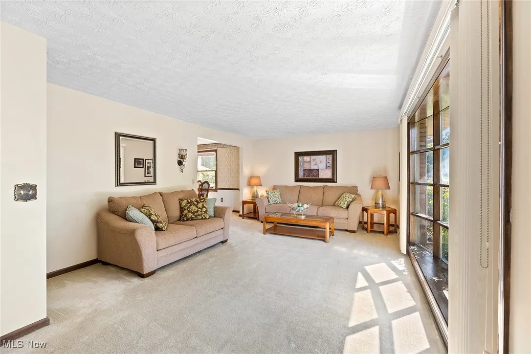 Carpeted living area with a textured ceiling and baseboards