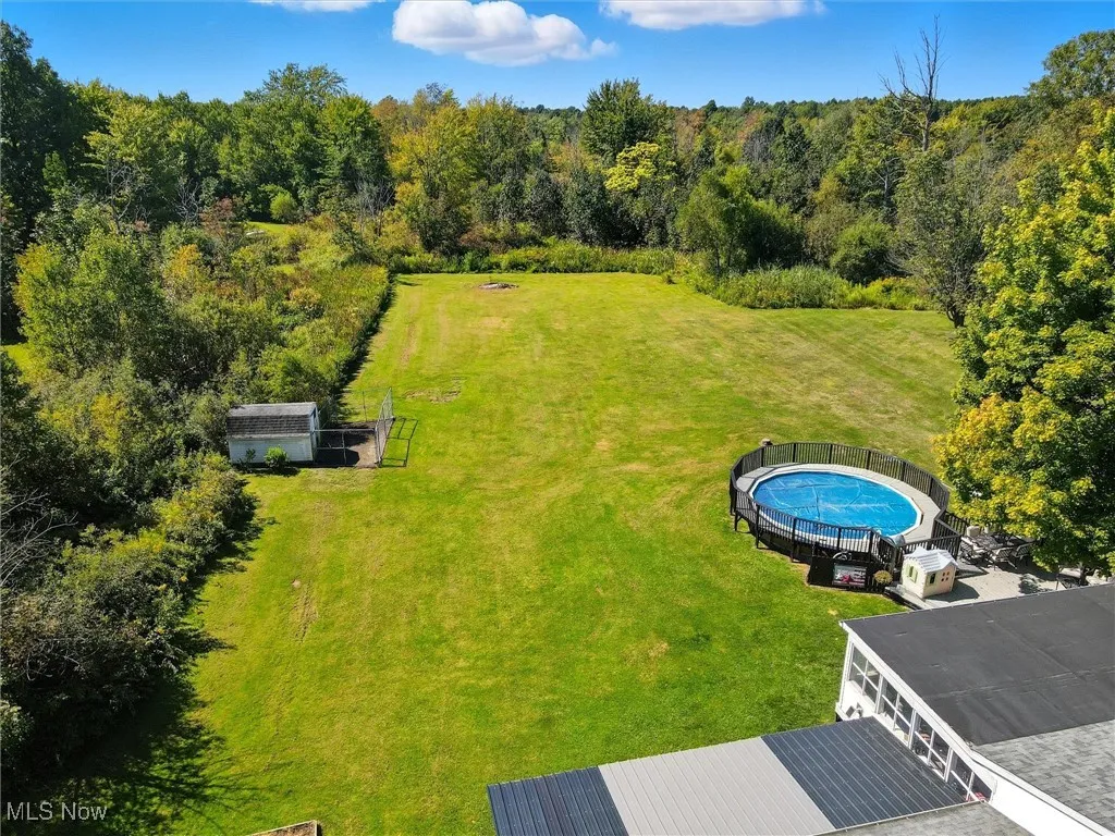 Bird's eye view of a pool and a forest