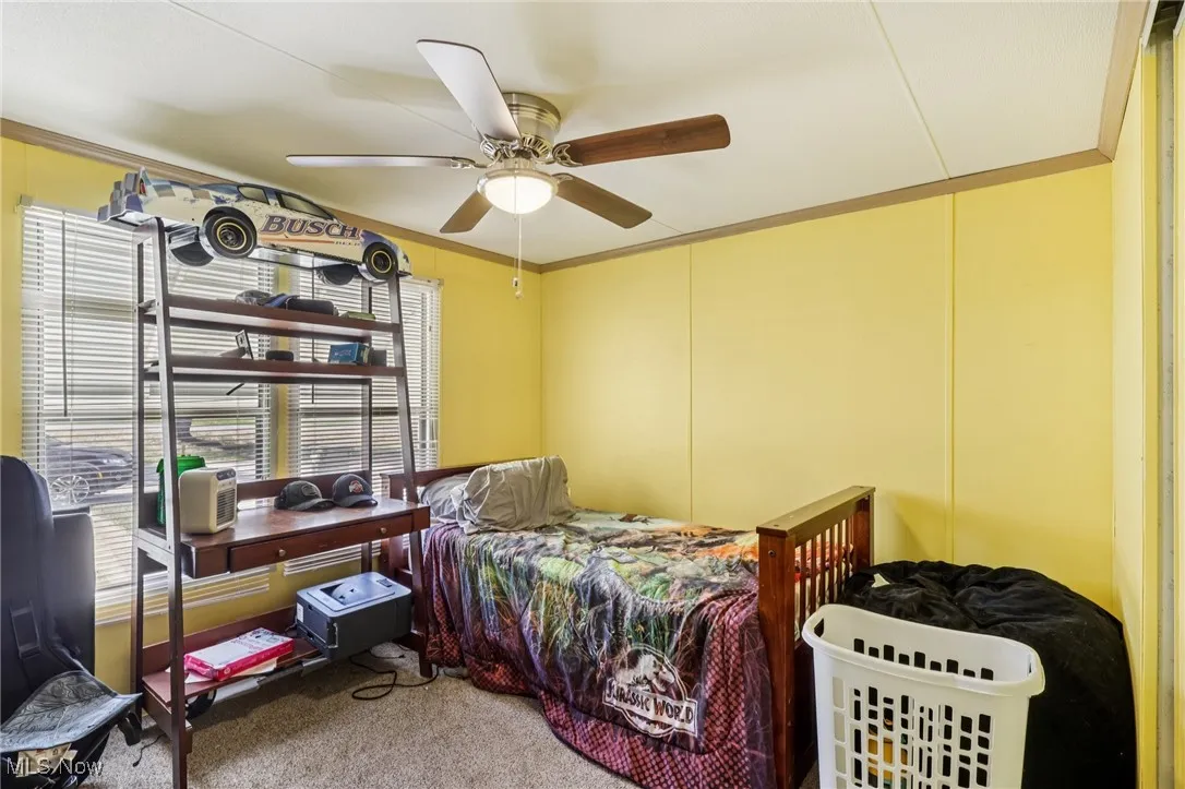 Carpeted bedroom featuring ornamental molding and a ceiling fan