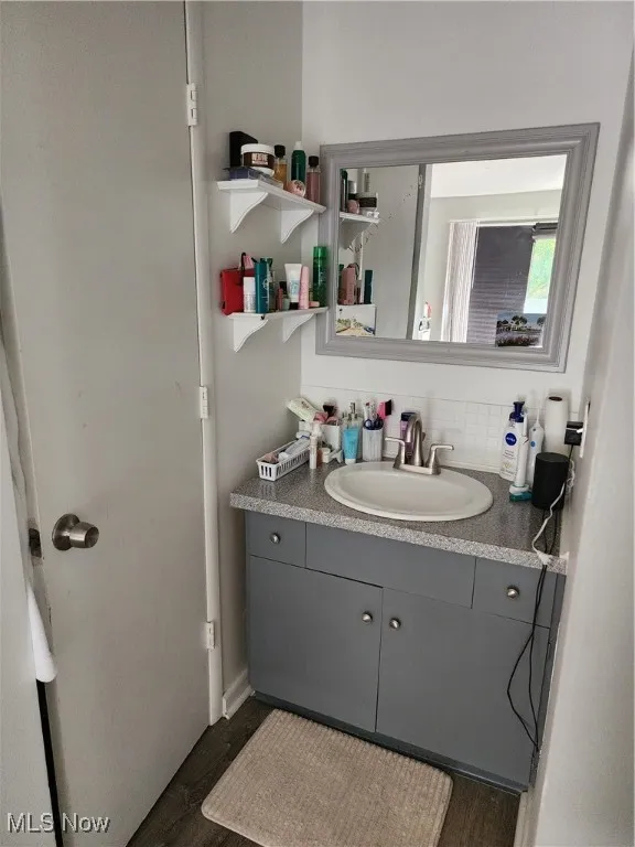 Bathroom featuring vanity, backsplash, and dark wood-style flooring
