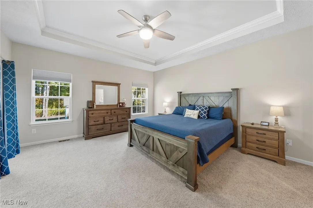 Bedroom featuring a raised ceiling, light carpet, ornamental molding, and a ceiling fan