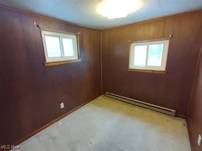 Unfurnished room with wood walls, a baseboard heating unit, healthy amount of natural light, and light carpet