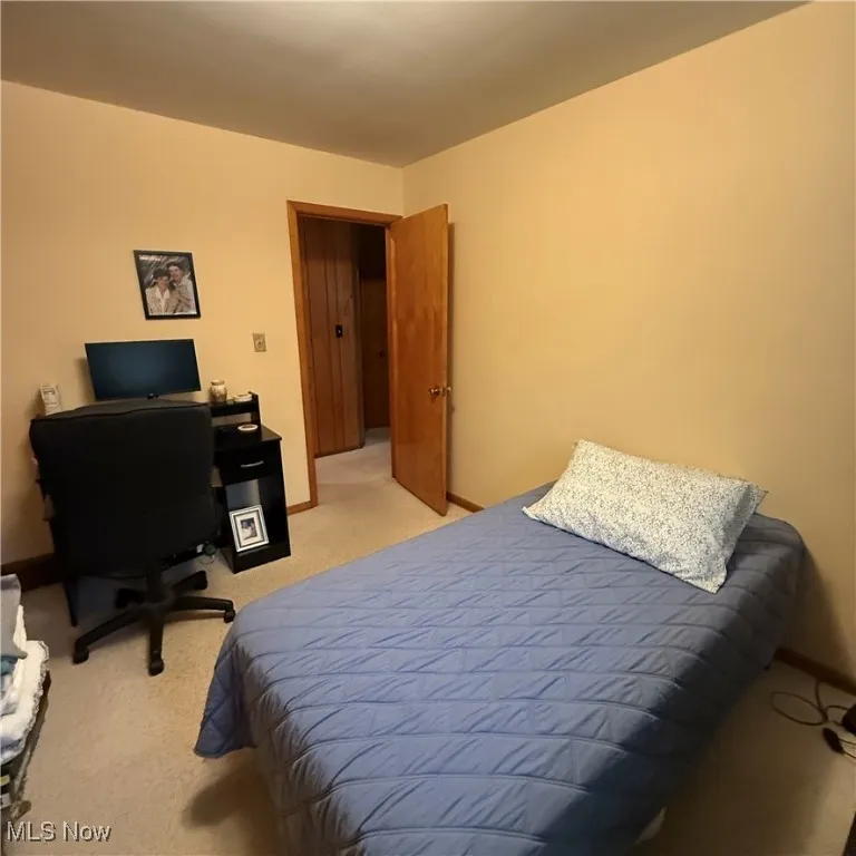 Bedroom featuring light colored carpet and baseboards