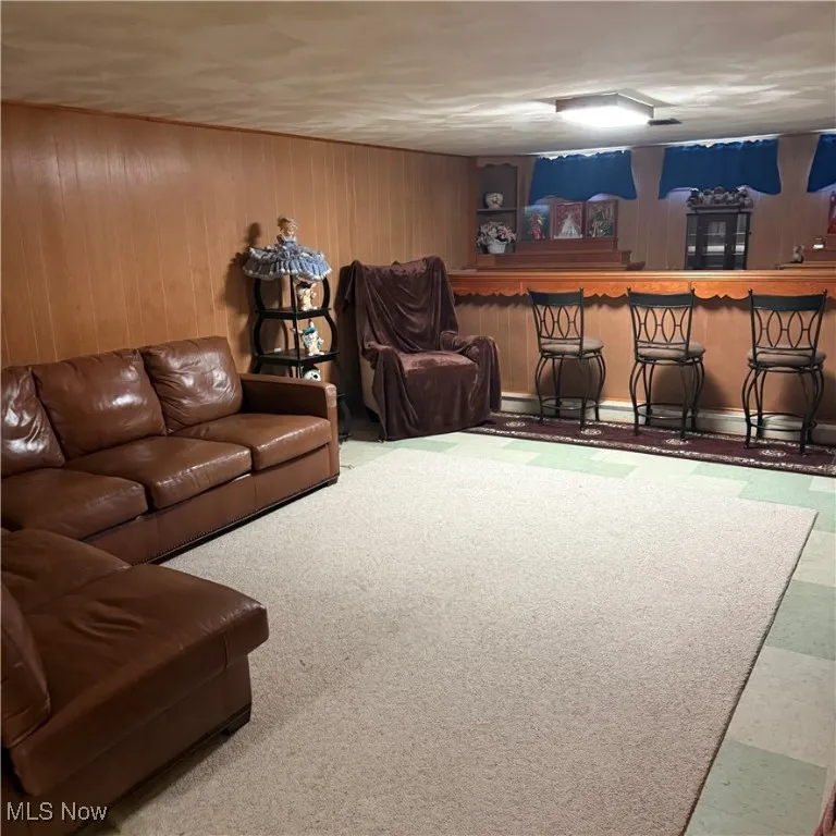 Living area featuring bar area, wooden walls, and baseboard heating