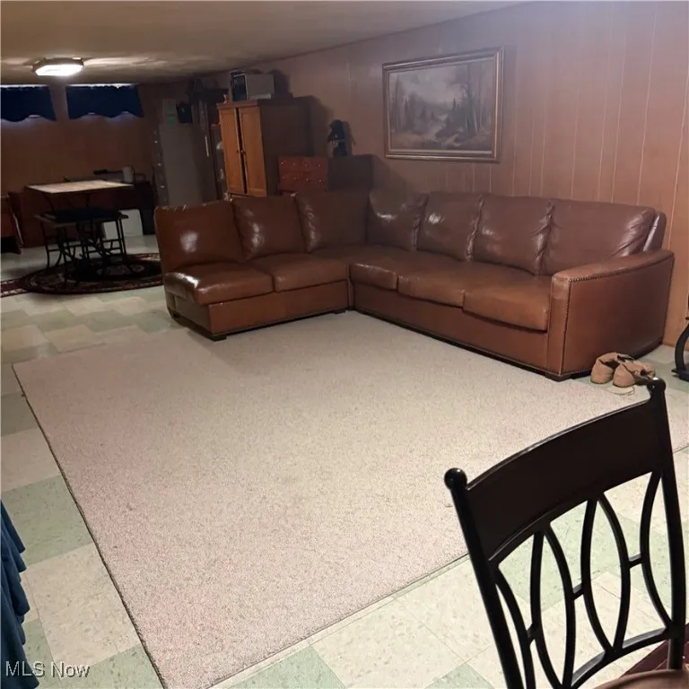 Living area featuring wood walls and light flooring
