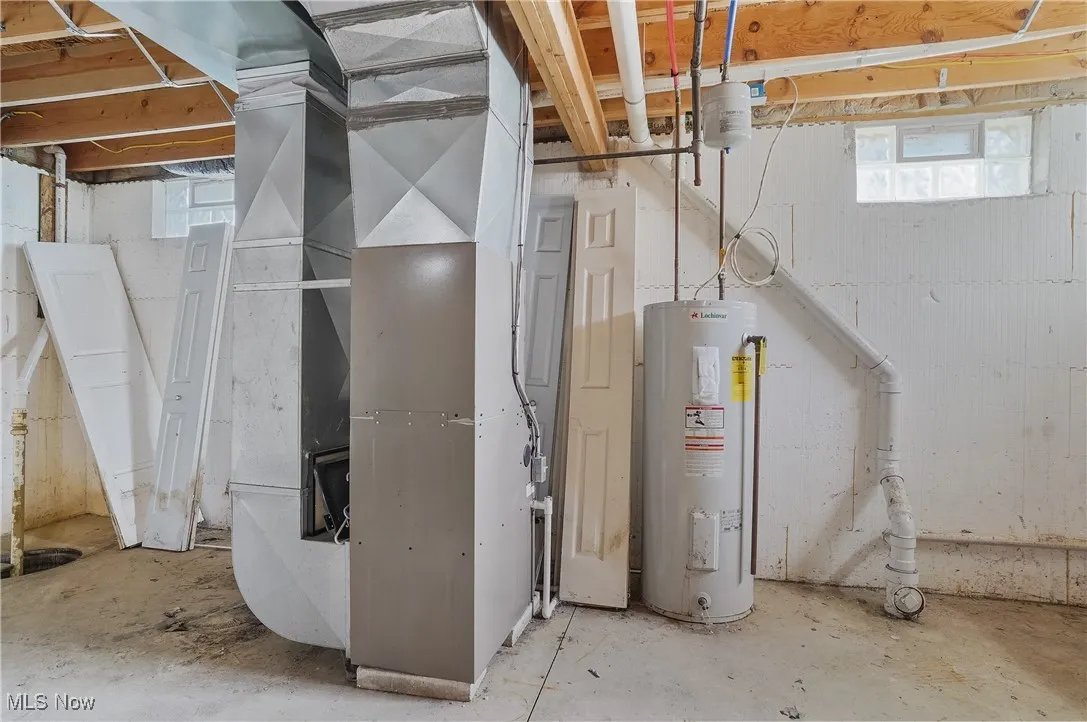 Utility room featuring heating unit and electric water heater