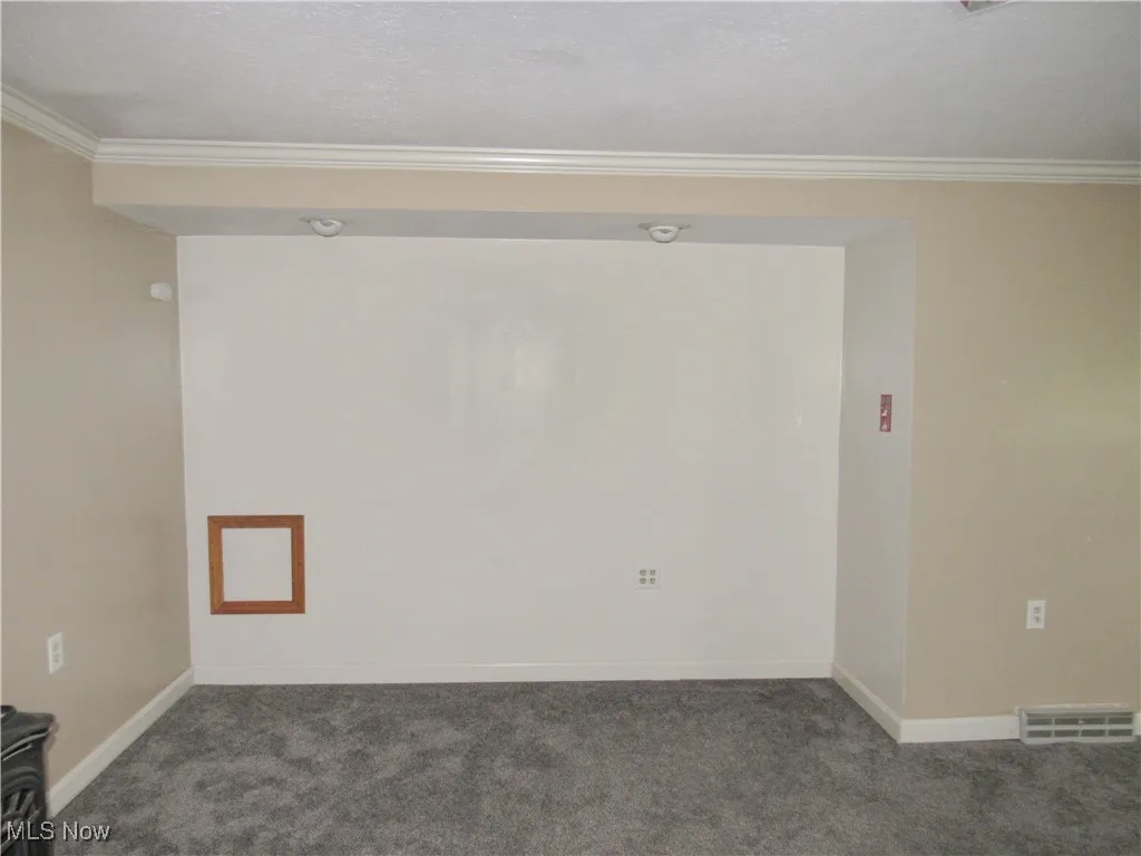Carpeted empty room featuring ornamental molding and a textured ceiling