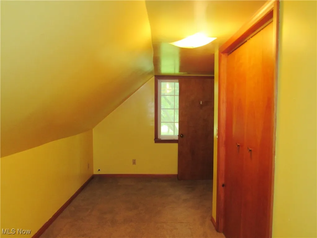 Additional living space featuring dark colored carpet and lofted ceiling