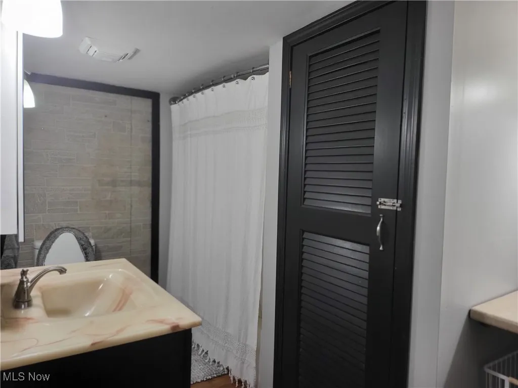 Bathroom featuring vanity and a shower with shower curtain