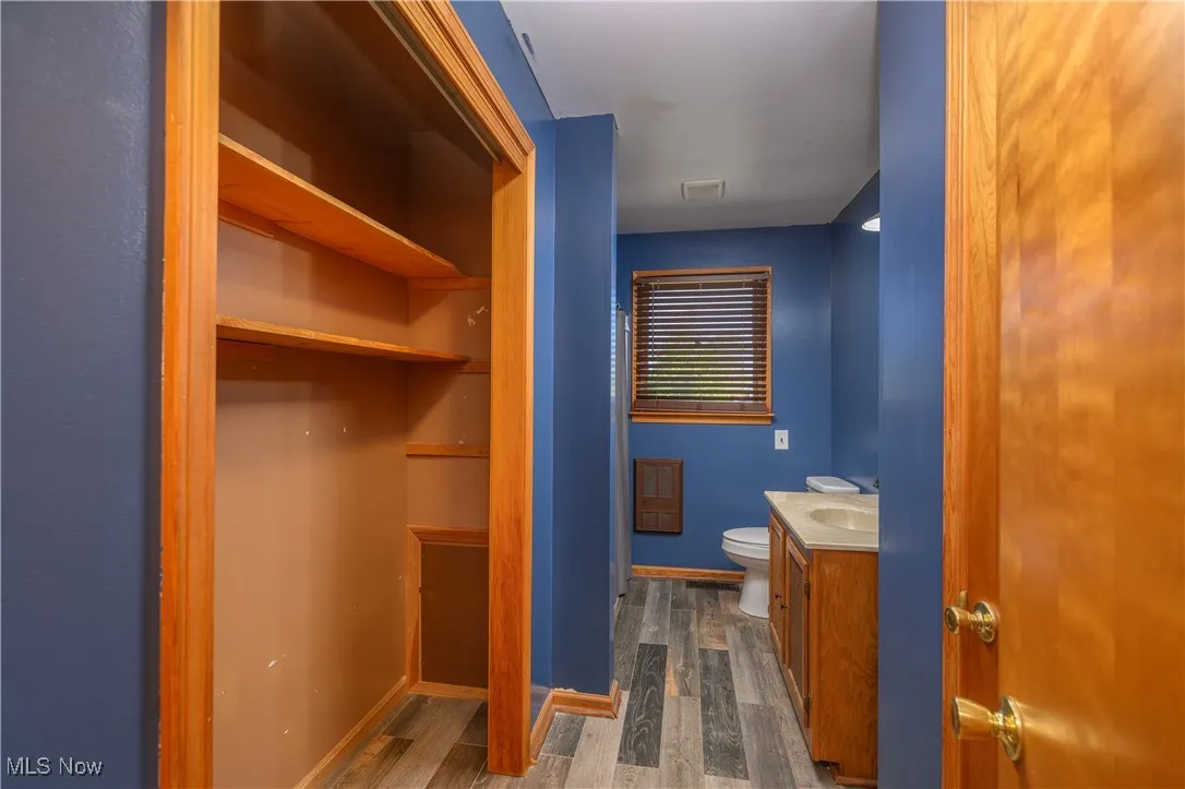Half bathroom featuring dark wood-type flooring, vanity, and a closet