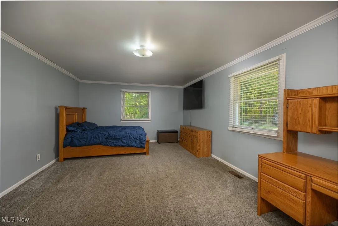 Carpeted bedroom with ornamental molding and baseboards