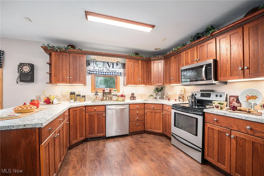 Kitchen with stainless steel appliances, brown cabinetry, dark wood-style floors, and light countertops