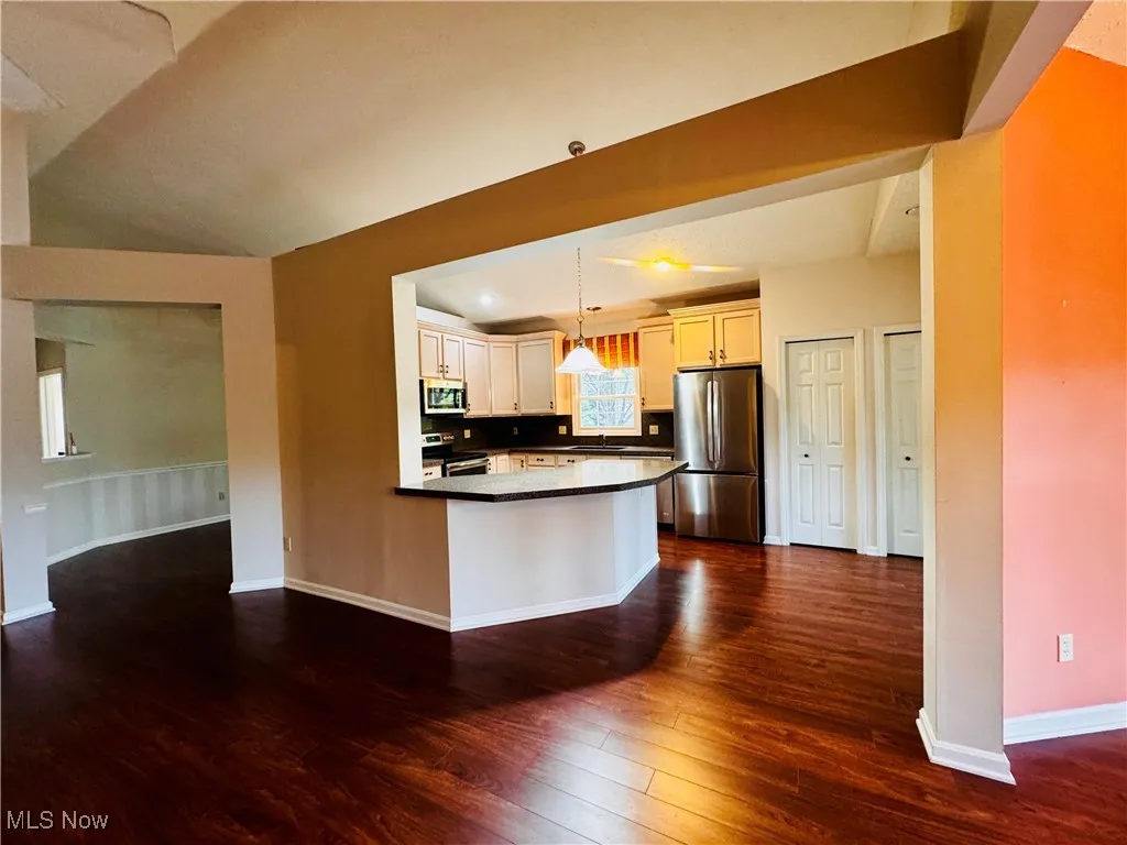 Kitchen overlooks living room