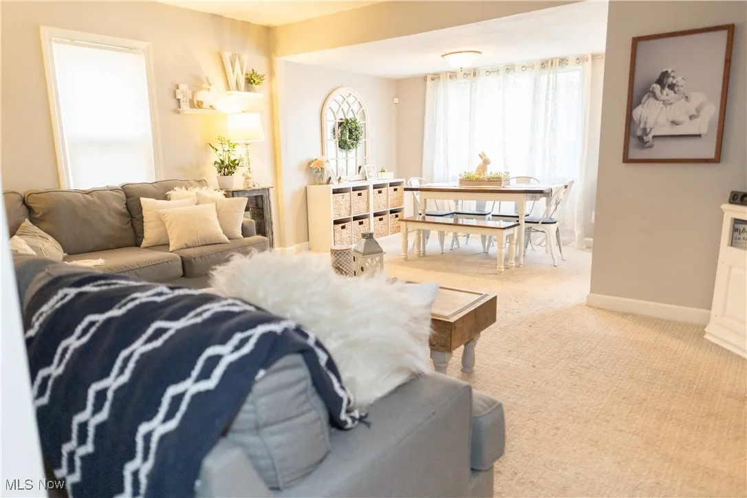 Living room with light colored carpet and baseboards