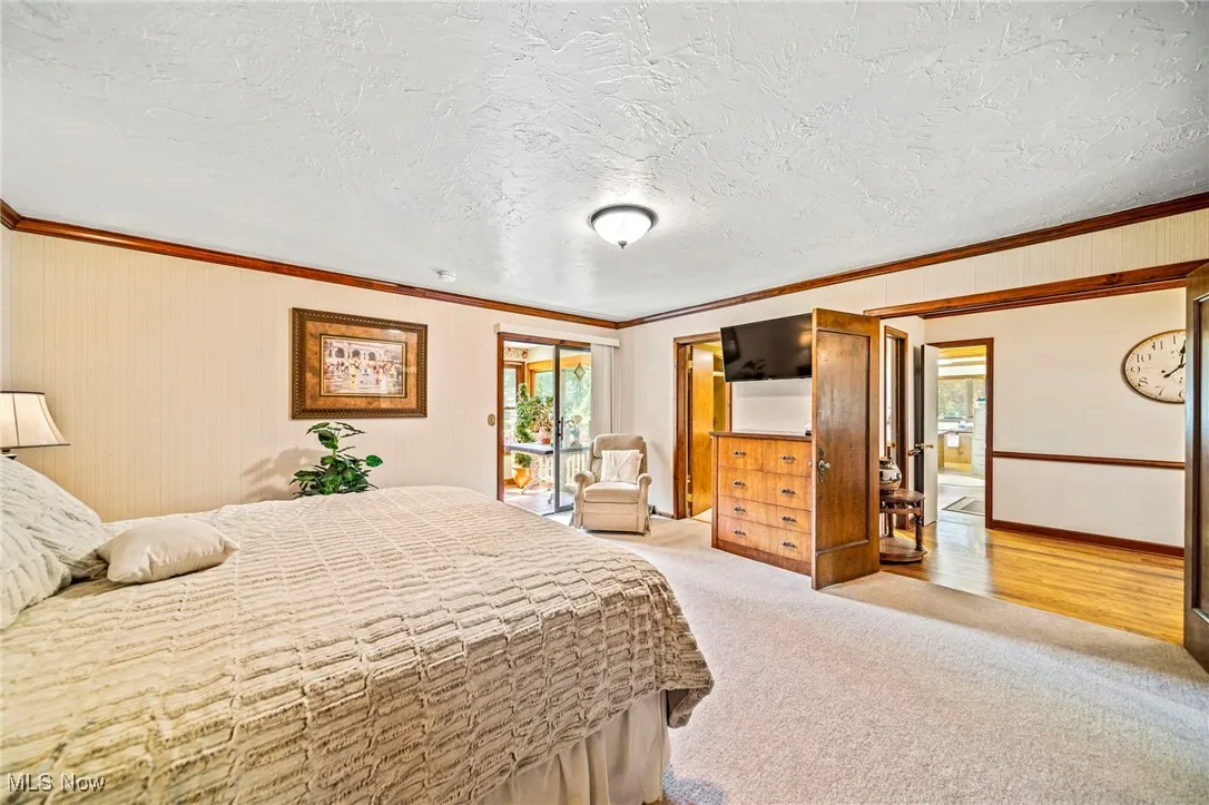 Bedroom with crown molding, light carpet, and a textured ceiling