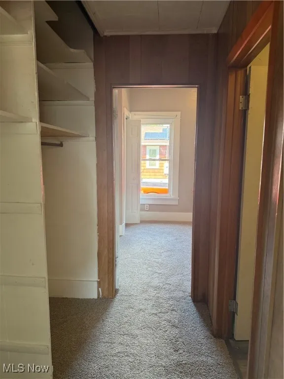 Hallway with light carpet and baseboards