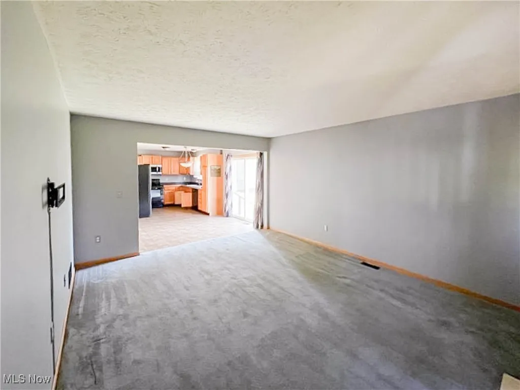 Unfurnished family room with a textured ceiling and light carpet