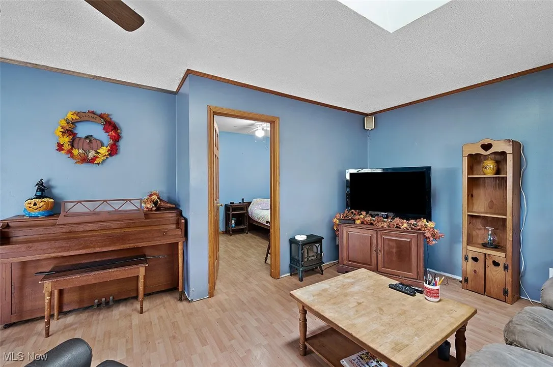 Living area featuring ornamental molding, light wood-style floors, a ceiling fan, a textured ceiling, and a wood stove