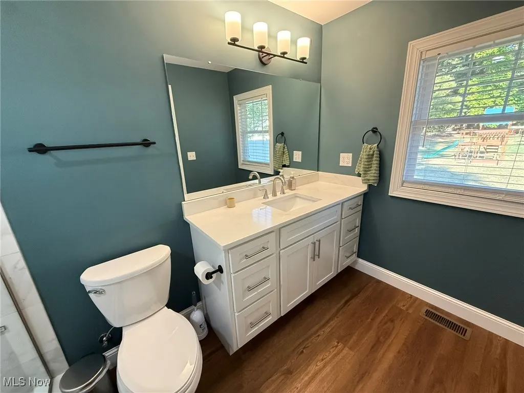 Full bath with vanity and dark wood-type flooring