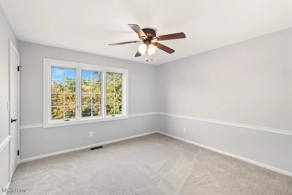 Spare room with light colored carpet and ceiling fan