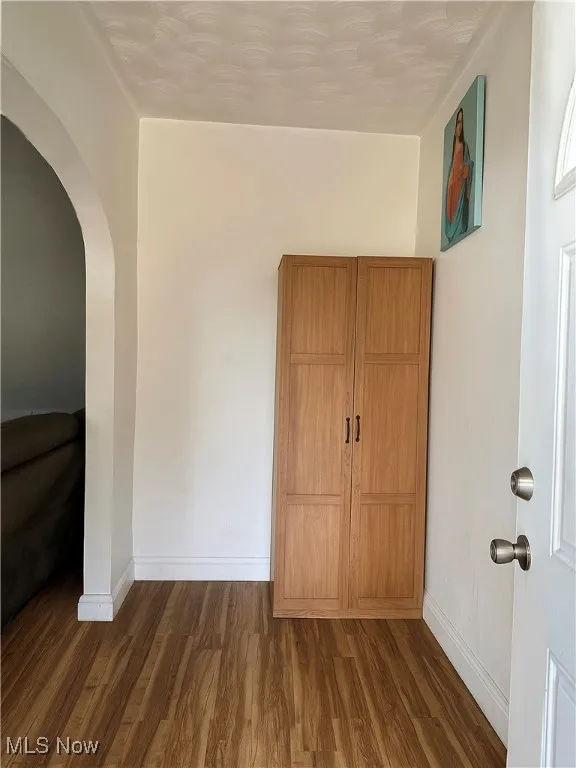 Entry featuring dark wood finished floors and arched walkways