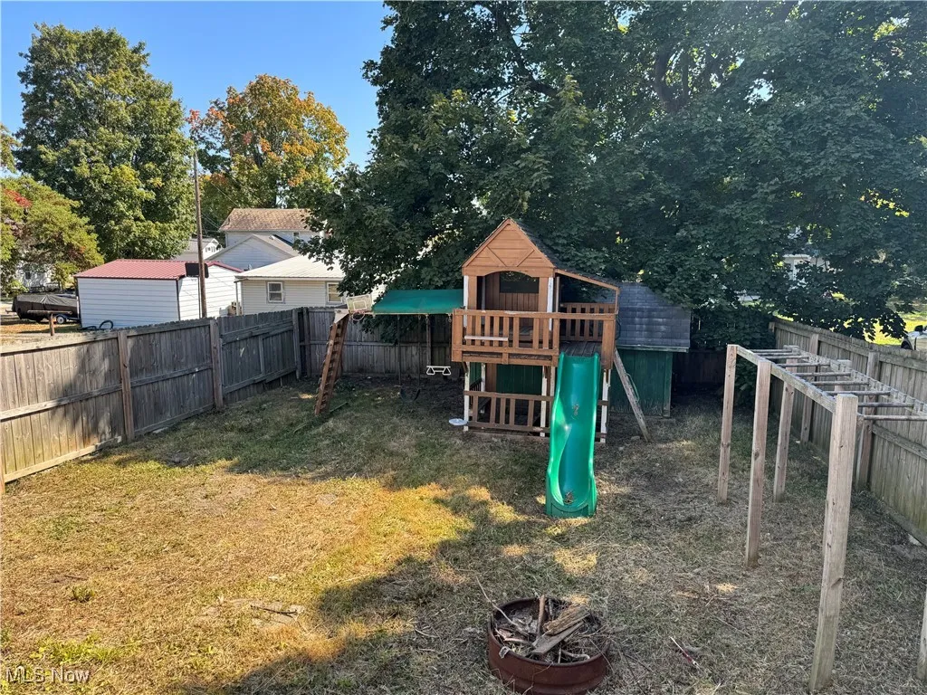 View of playground with a fenced backyard