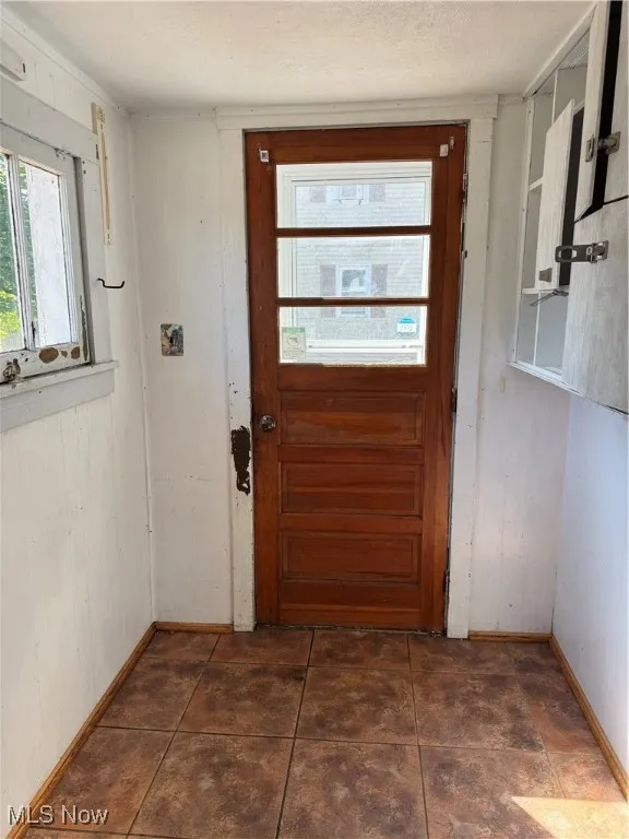Doorway with plenty of natural light and wooden walls