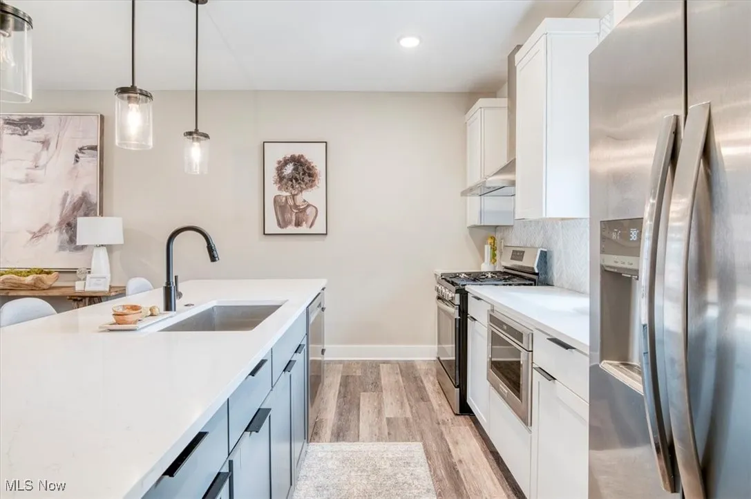 Kitchen with stainless steel appliances, under cabinet range hood, light wood-type flooring, light countertops, and recessed lighting