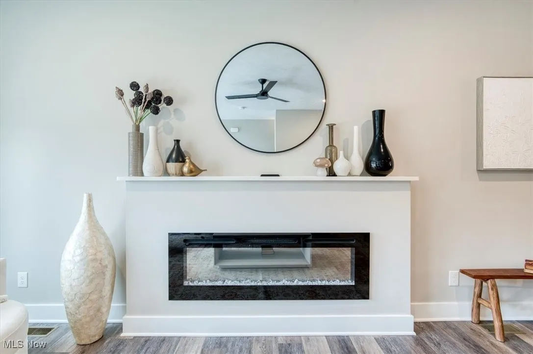 Detailed view of a glass covered fireplace, wood finished floors, and a ceiling fan