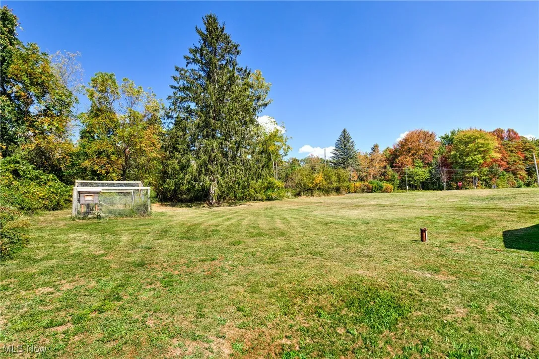 View of green lawn featuring an outbuilding