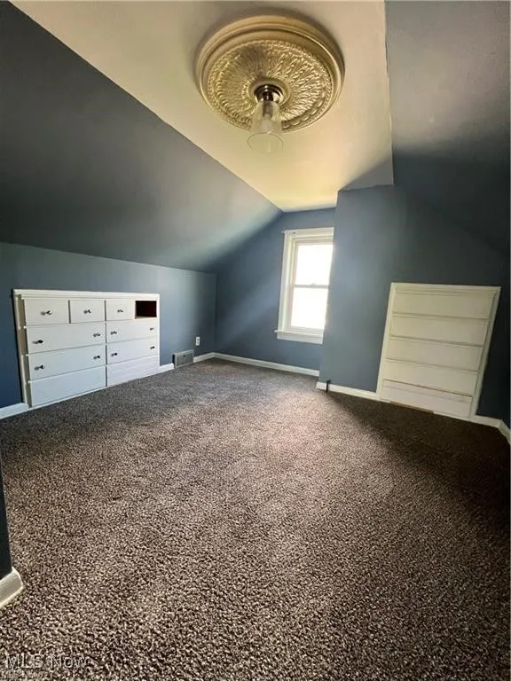 Additional living space featuring carpet flooring and lofted ceiling