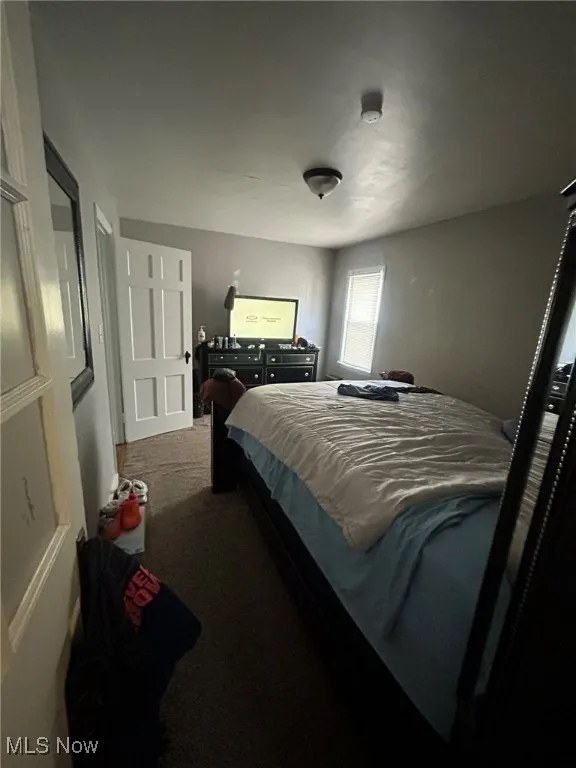 Bedroom with dark carpet