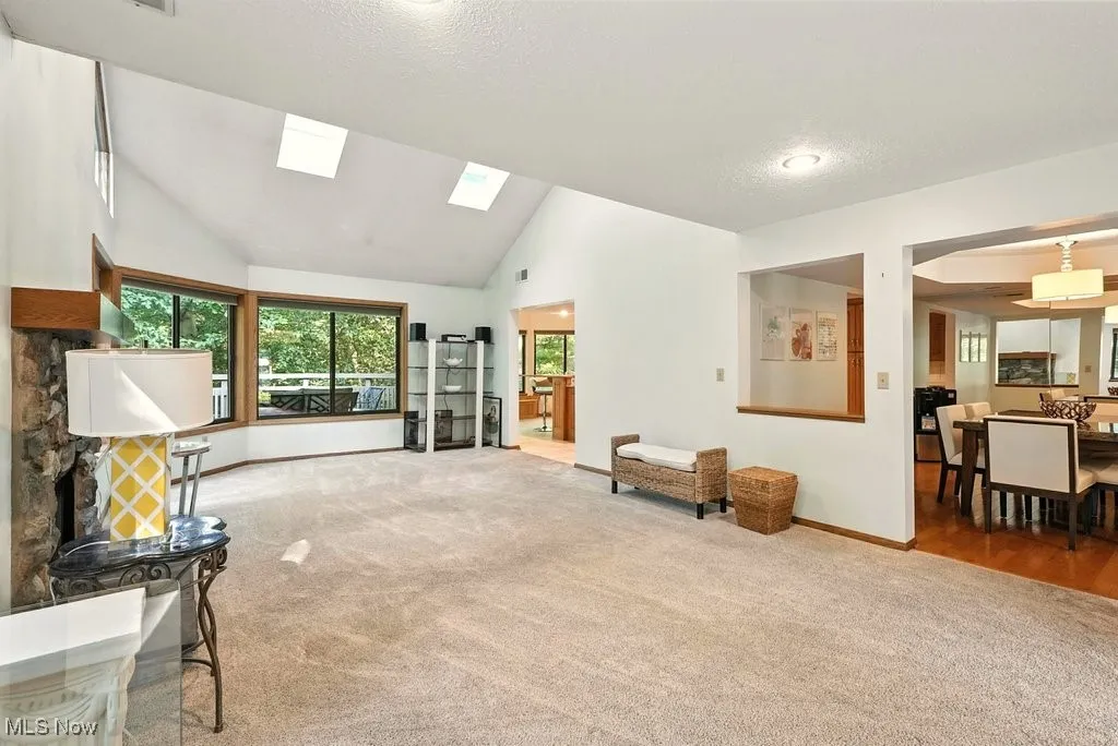 Sitting room with lofted ceiling, carpet, a textured ceiling, and a skylight