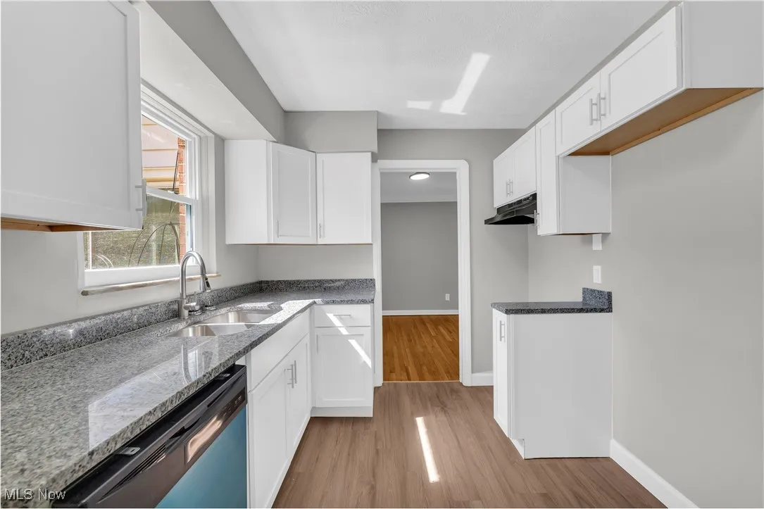 Kitchen featuring dark stone countertops, white cabinetry, light wood-type flooring, and dishwashing machine