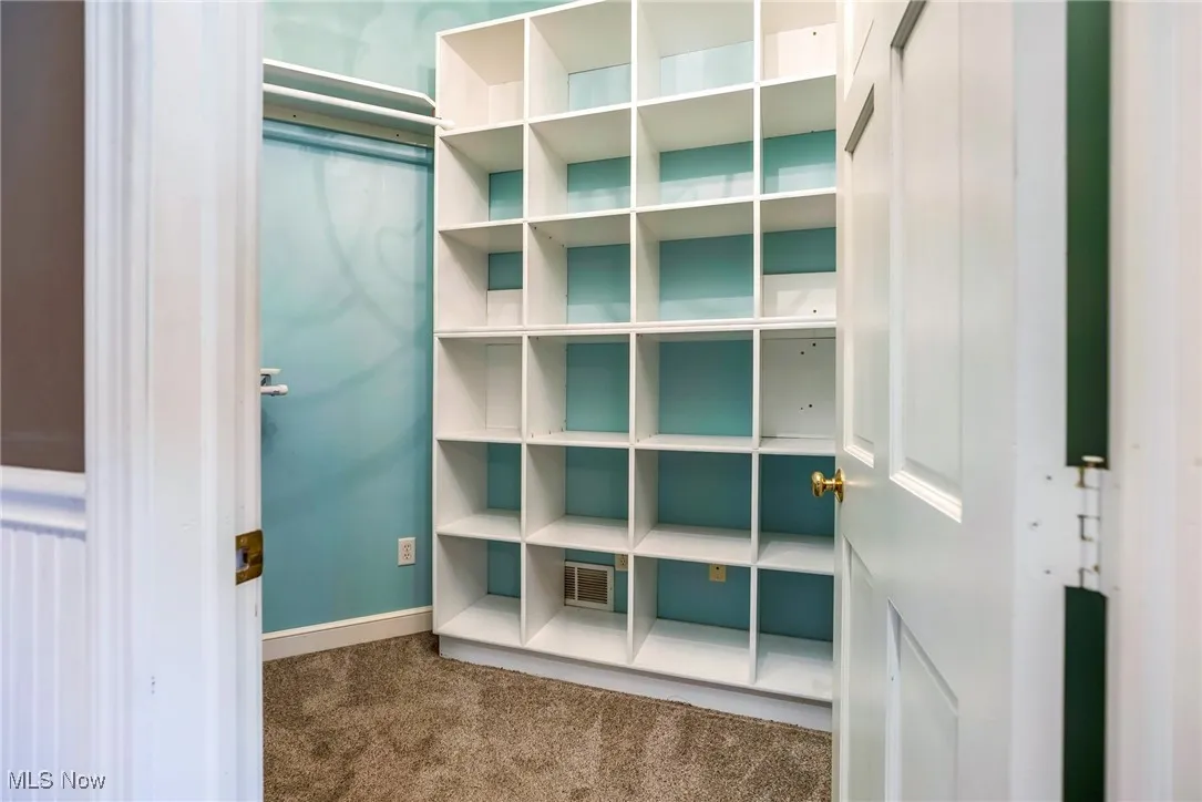 Walk in closet featuring dark carpet