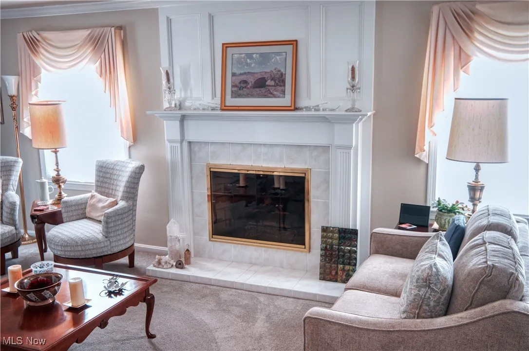 Living room with a tiled fireplace and carpet