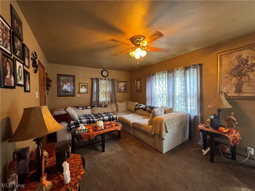 Living room with plenty of natural light, carpet flooring, ceiling fan, and a textured ceiling