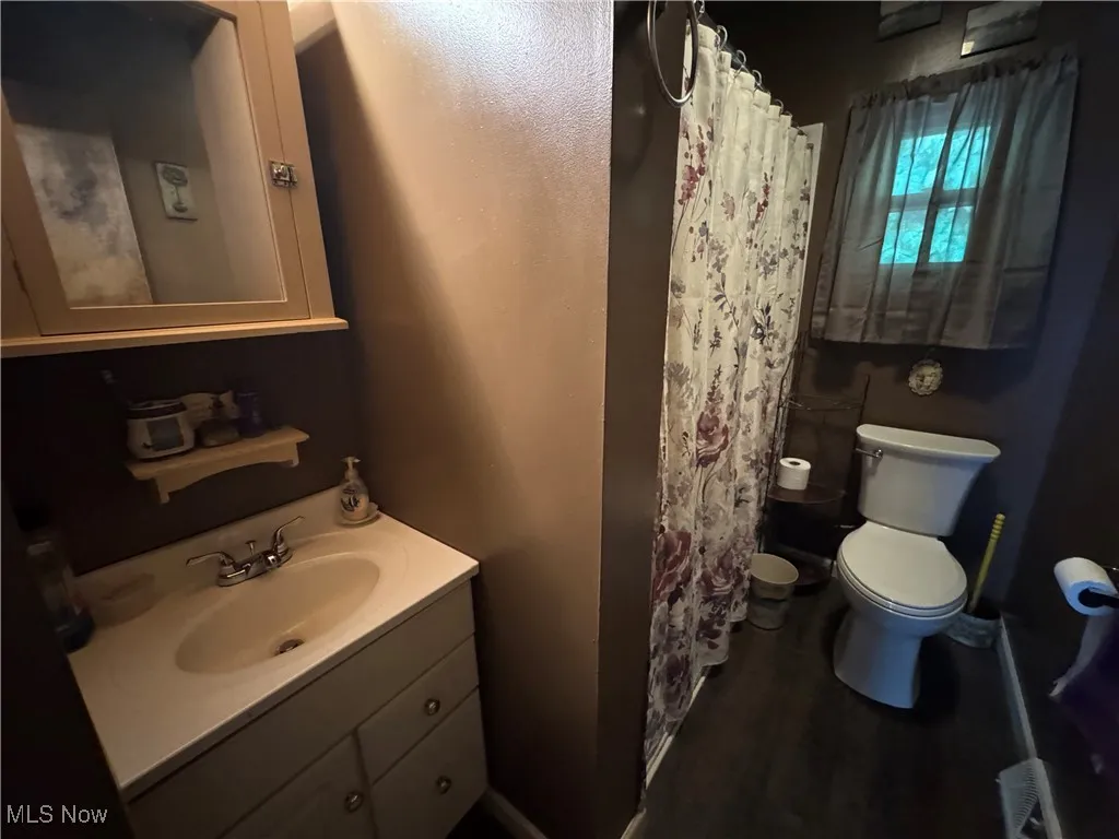 Full bathroom with vanity, a shower stall, and dark wood-style flooring