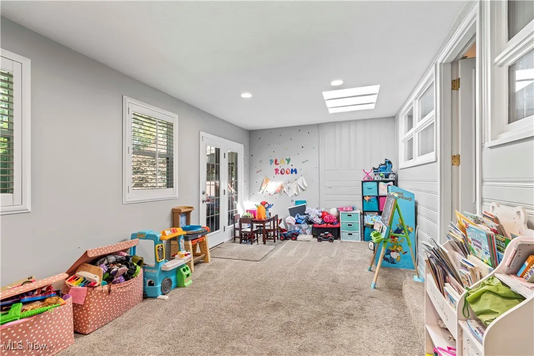 Recreation room with carpet, french doors, a skylight, and recessed lighting