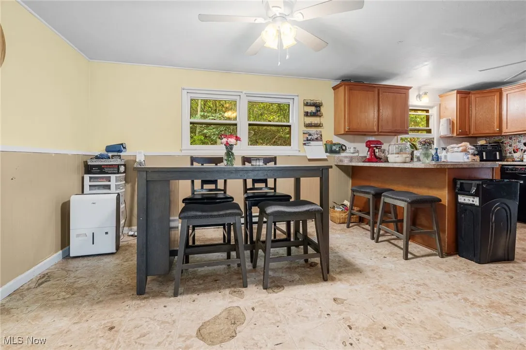 Dining room with a wainscoted wall and a ceiling fan