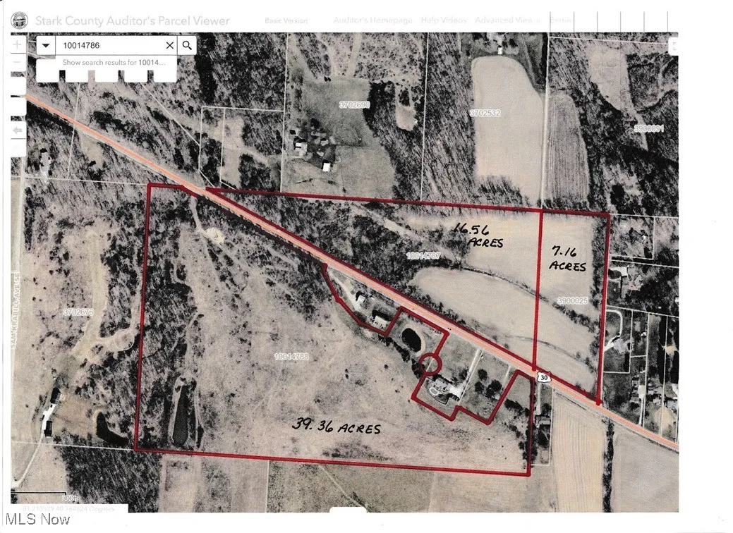 Aerial map of property and surrounding area featuring property parcel outlined