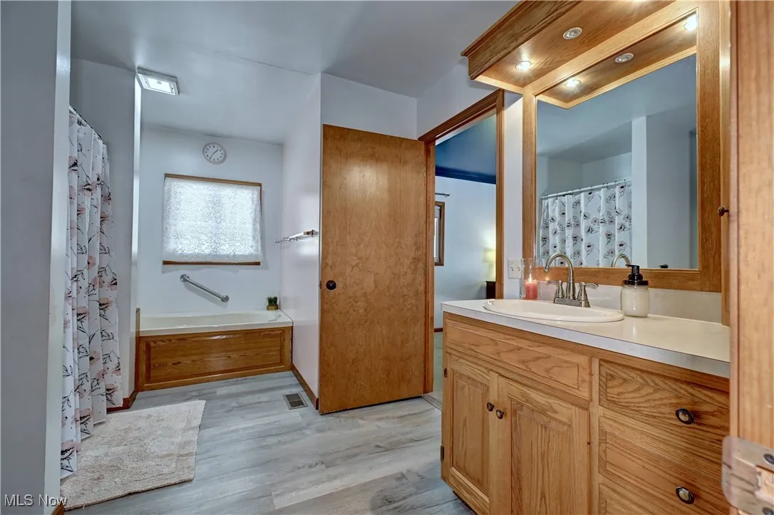 Bathroom with vanity, light wood-style floors, and a shower with curtain