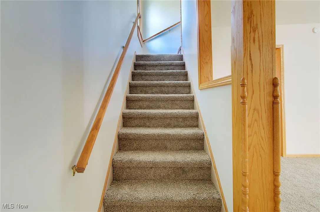 Stairway with carpet flooring and baseboards