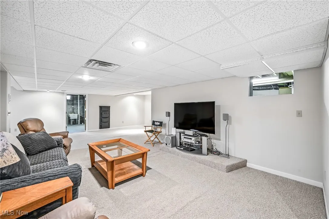 Carpeted living area featuring a paneled ceiling entrance to storage area