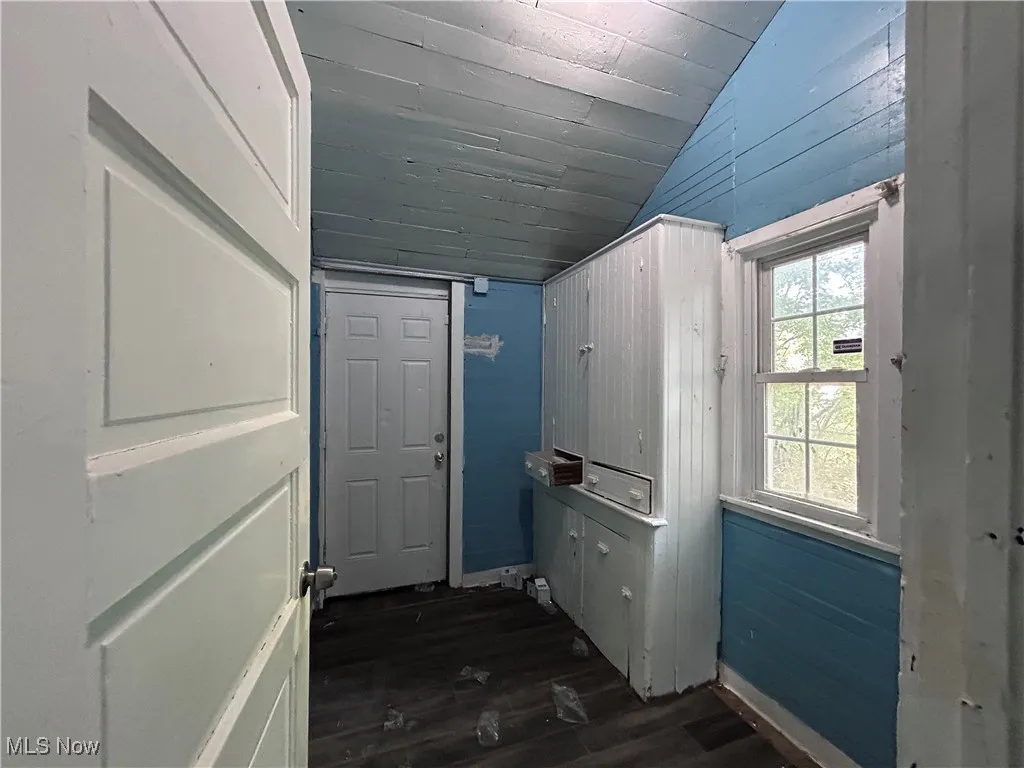 Entryway with lofted ceiling, wood finished floors, and wood walls